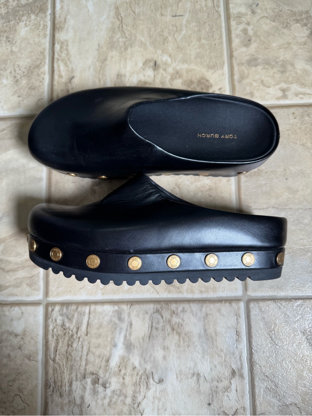 Tory Burch Black Leather Platform Clogs with Gold Studs